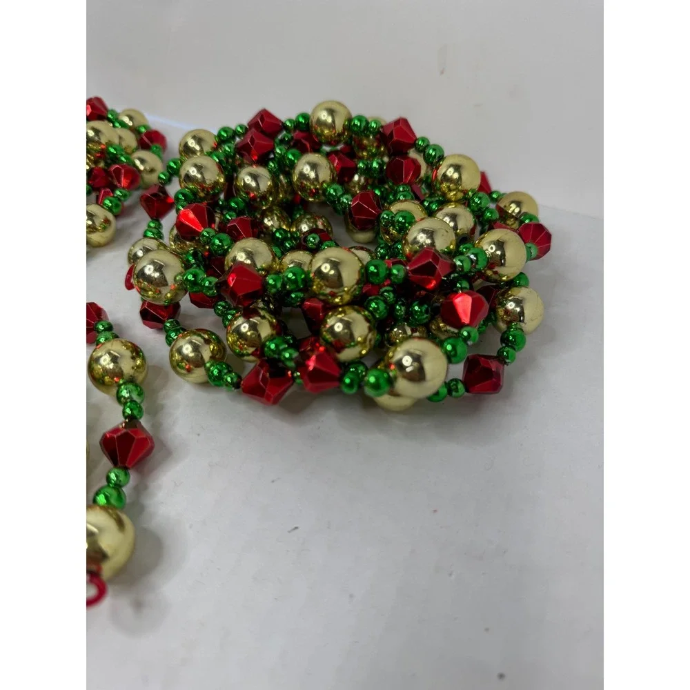 Vintage Christmas Tree Garland Red Gold Green Beaded 3 Strand Lot 9' Plastic